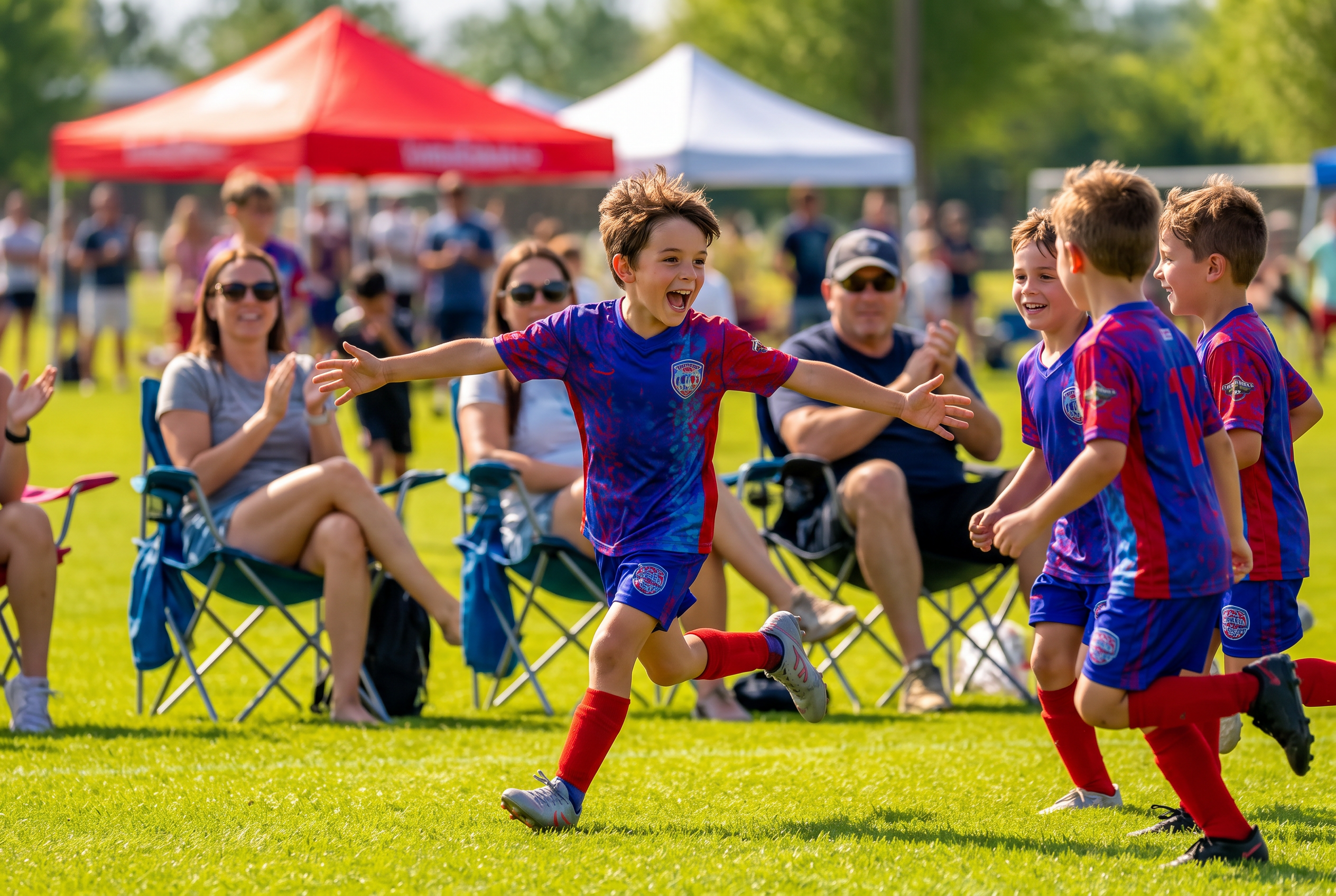 A ten-year-old running back to his teammates after scoring at a sunny youth soccer tournament