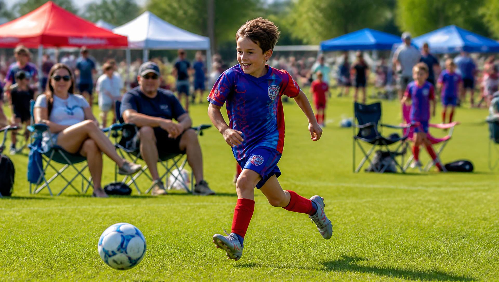 A candid youth soccer photo — running onto the ball on a bright tournament morning