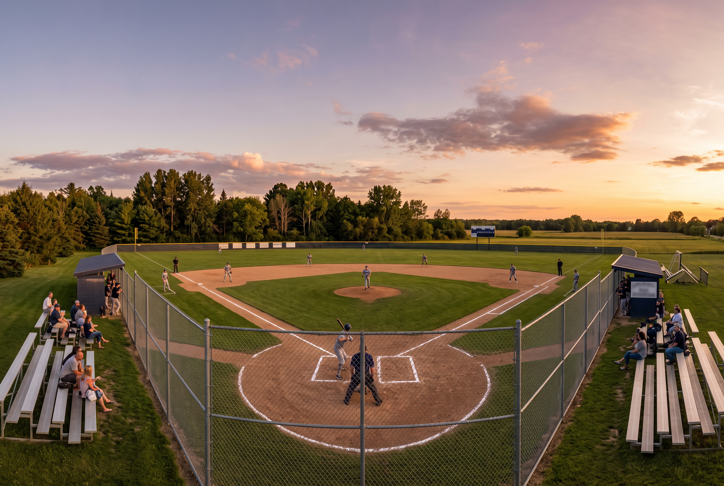 A high school baseball field in warm late-afternoon light