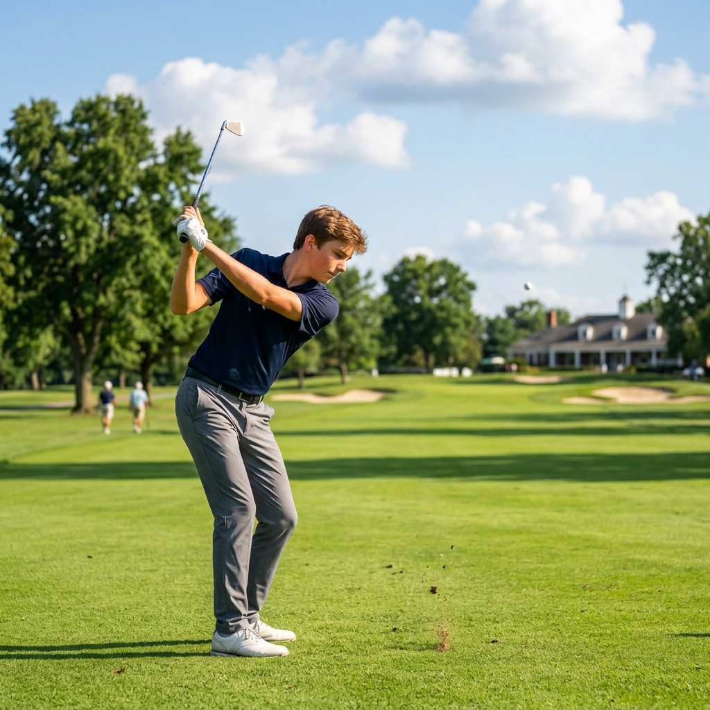 A high school golfer mid follow-through on a sunlit fairway