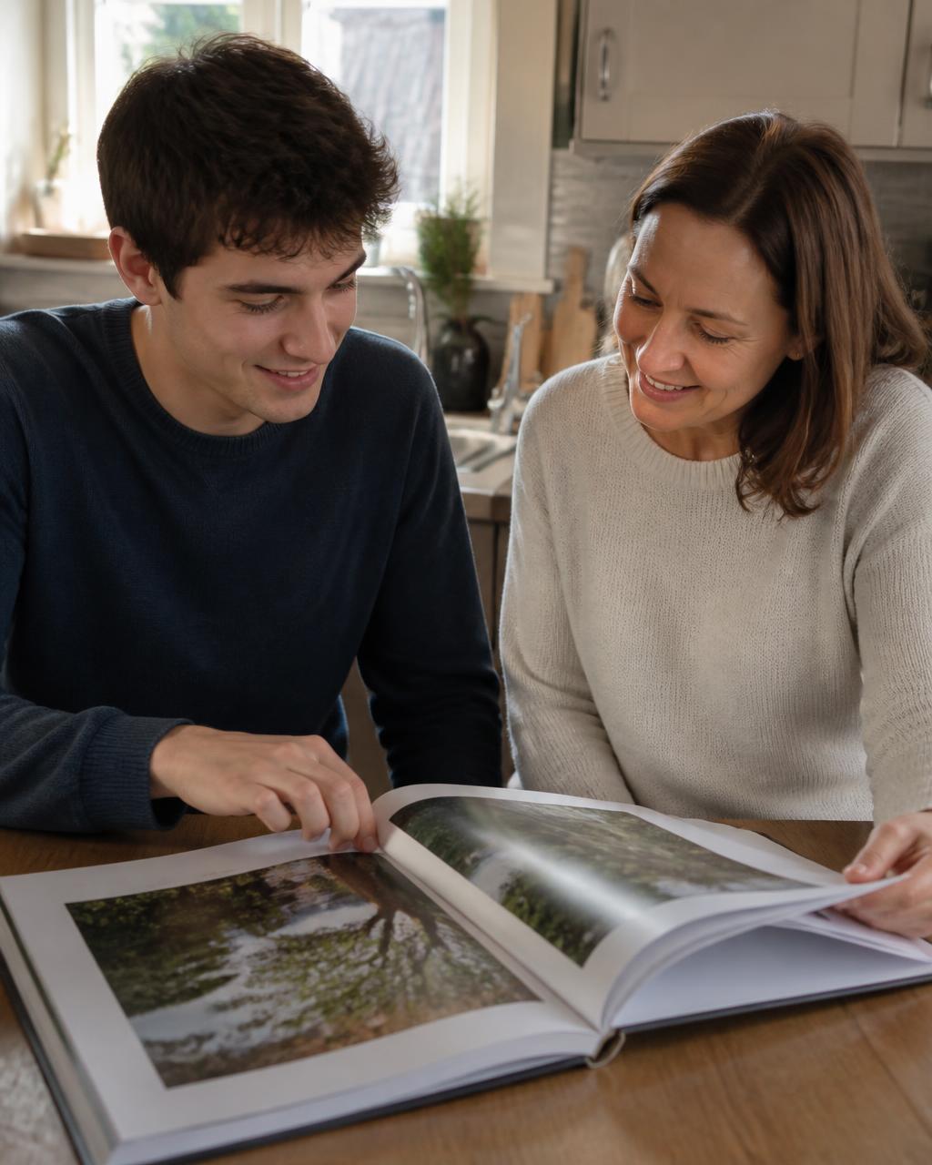 A grown athlete and a parent at a kitchen table, an open printed season book between them