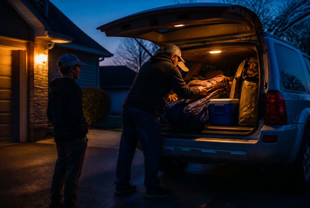 A family SUV loaded with bat bag, cooler and folding chairs in a blue pre-dawn driveway